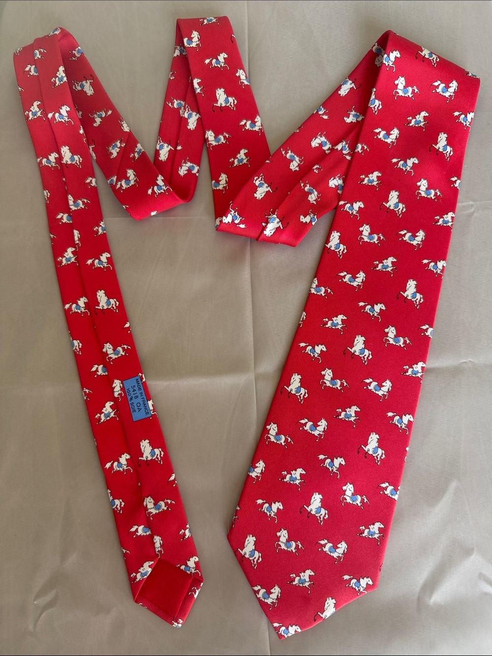 Hermes Red Silk Tie and Scarf Twilly Set with White Horse Motif - Picture 2 of 7